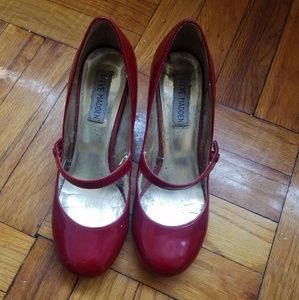 Red kitten-heel mary janes